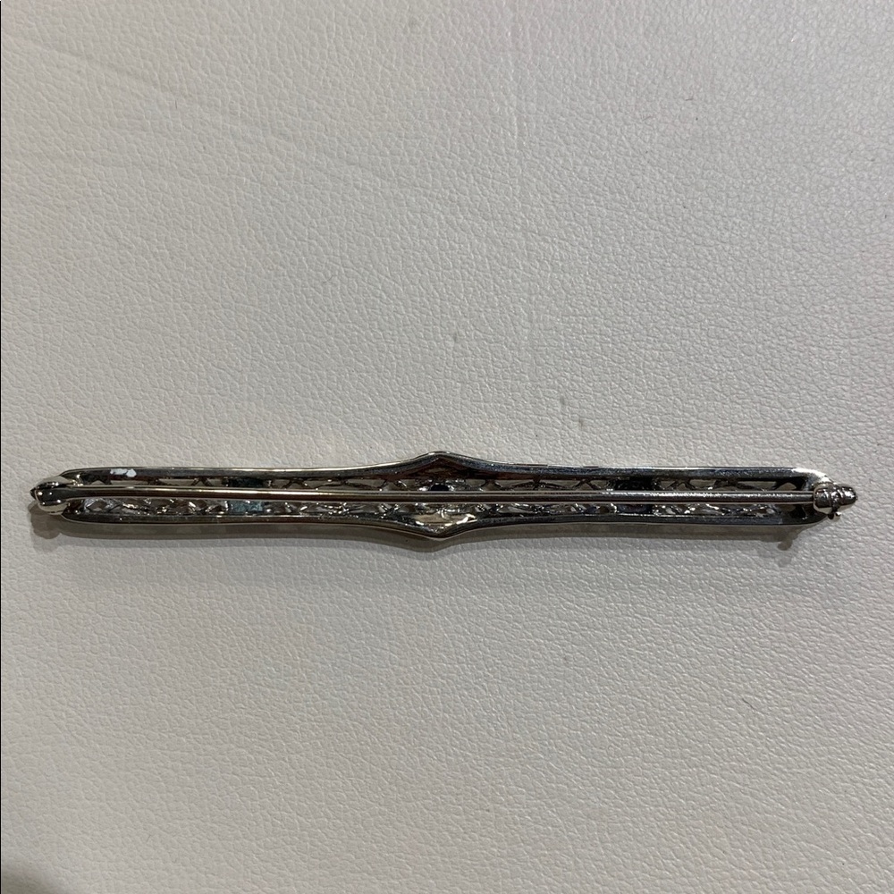 Edwardian Art Deco Antique 14K White Gold Bar Pin with Sapphire and Diamonds - Picture 5 of 7